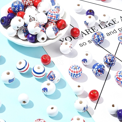 75Pcs 12 Styles Independence Day Theme Wood European Beads WOOD-FS0001-22-1