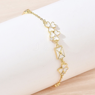 Brass Pave Clear Cubic Zirconia Clover Envelope Link Bracelets KK-CBA6980-18G-1