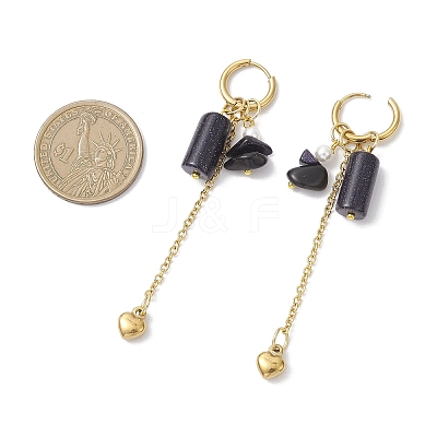 304 Stainless Steel Blue Goldstone Heart Tassel Hoop Earrings EJEW-JE06731-01-1