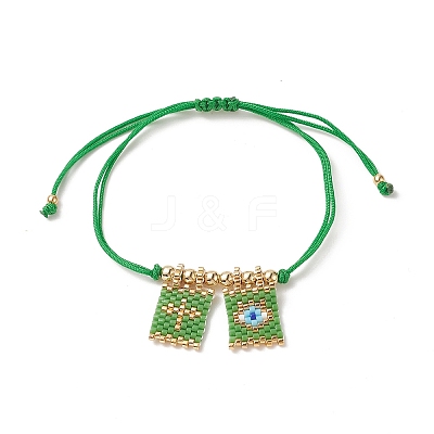 Handmade Japanese Seed Rectangle with Cross & Evil Eye Charm Bracelets BJEW-MZ00010-1