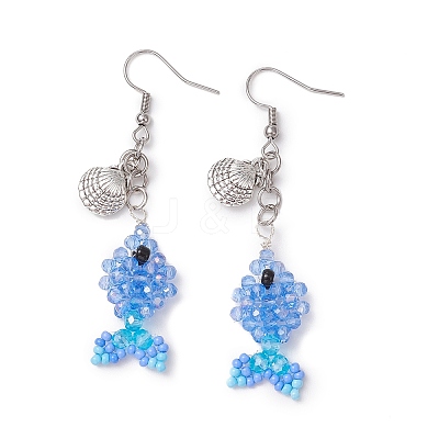 Fish with Shell Shape 304 Stainless Steel Glass Beads Dangle Earrings EJEW-MZ00436-04-1