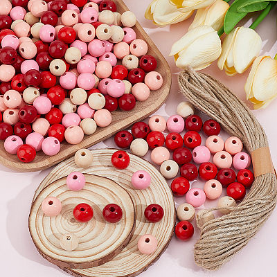 250Pcs 5 Colors Spray Painted Round Natural Schima Wood Beads WOOD-PA0001-73A-1