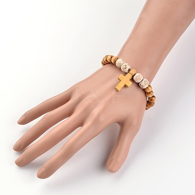 Cross Wood Beaded Stretch Charm Bracelets X-BJEW-JB02220-1