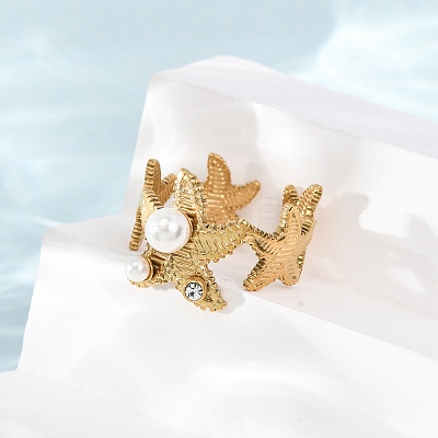 304 Stainless Steel Cubic Zirconia with Plastic Pearls Cuff Open Rings for Women CU-CBAA1FE-01G-1