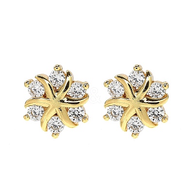 Flower Brass Micro Pave Clear Cubic Zirconin Stud Earrings EJEW-D318-10G-1