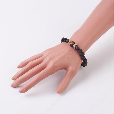 Natural Lava Rock and Tiger Eye Stretch Bracelets BJEW-JB03001-03-1