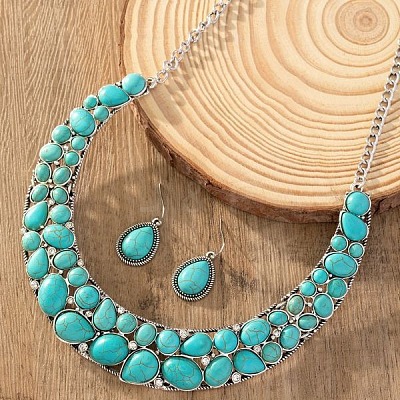 Teardrop Synthetic Turquoise Pendant Necklaces & Dangle Earrings Sets FS-WGC94F7-01-1
