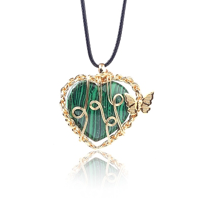 Synthetic Malachite Metal Wire Wrapped Heart Pendants PW-WG13885-09-1