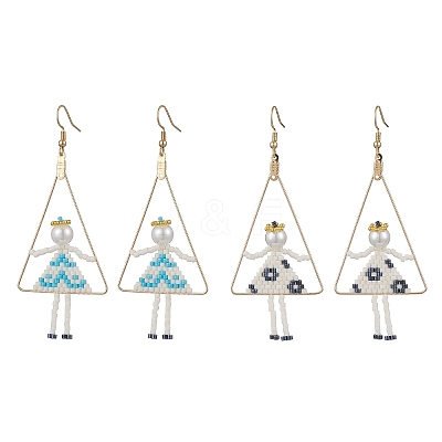 2Pair Girl with Triangle Brass Glass Seed Beads Dangle Earrings EJEW-MZ00453-1