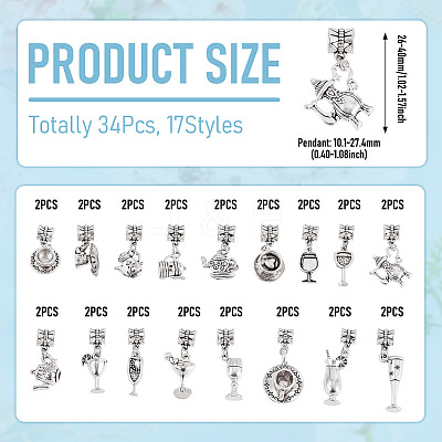 34Pcs 17 Styles Alloy European Dangle Charms PALLOY-TAC0263-1