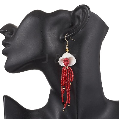 304 Stainless Steel Dyed Synthetic Turquoise & Natural Black Onyx & Glass Seed Beaded Dangle Earrings EJEW-MZ00530-01-1