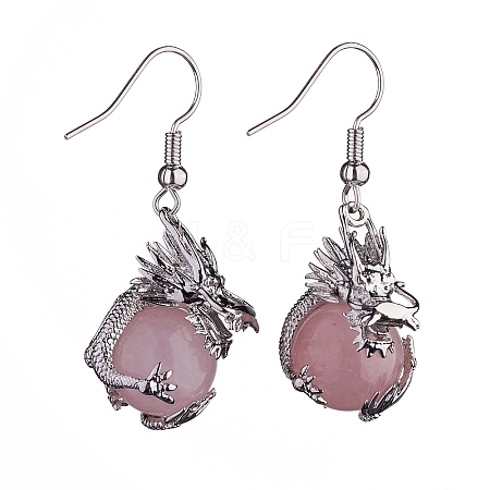 Natural Rose Quartz Dragon Dangle Earrings EJEW-A092-06P-08-1