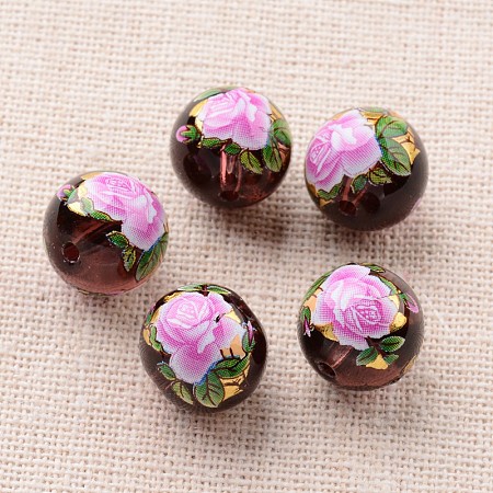 Flower Picture Printed Glass Round Beads GLAA-J088-12mm-A08-1