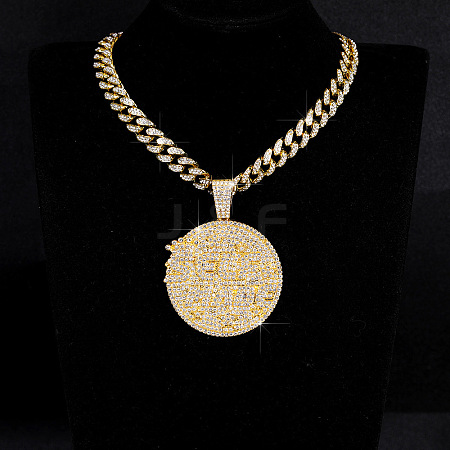 Hip-Hop Alloy Full Crystal Rhinestone Self Made Medal Pendant Cuban Link Chain Necklaces for Men Women FS-WG8D003-05-1