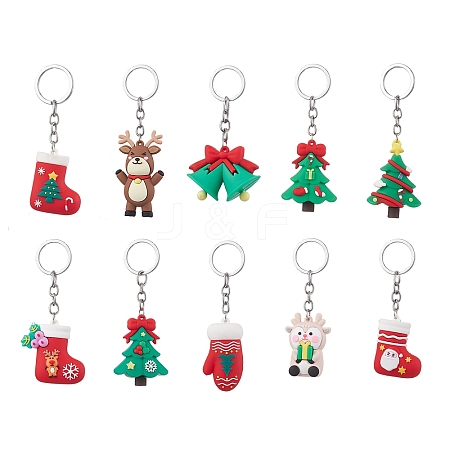 10Pcs 10 Styles Christmas Themed PVC Plastic Keychain KEYC-JKC00869-1