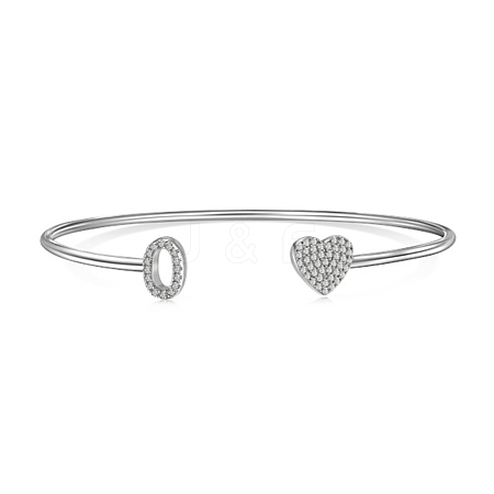 Anti-Tarnish Heart & Letter Rhodium Plated 925 Sterling Silver Micro Pave Cubic Zirconia Cuff Bangles for Women BJEW-C062-01O-P-1