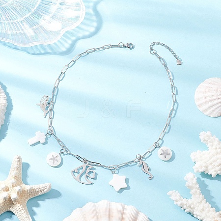 Alloy & Natural White Shell Pendant Brass Paperclip Chain Necklaces for Women NJEW-JN05406-01-1