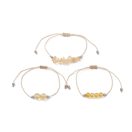 3Pcs 3 Style Natural Citrine Braided Bead Bracelets Set BJEW-JB09334-06-1