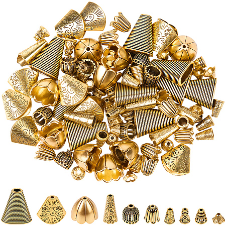 100Pcs 10 Styles Tibetan Styles Alloy Bead Cone & Caps FIND-SP0020-73B-1