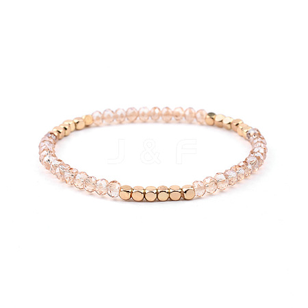 Gold-tone Miyuki Elastic Crystal Beaded Bracelet with Acrylic Tube Beads ST6874817-1