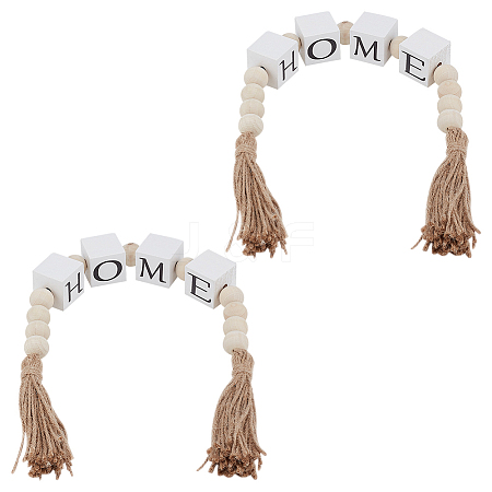 Wood Beaded Garland with Jute Cord Tassels DJEW-WH0042-68A-1