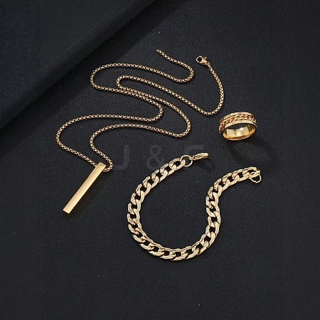 Alloy Cuboid Pendant Necklaces & Curb Chain Bracelets & Rings Sets FS-WG20982-03-1
