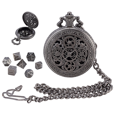 Vintage Alloy Flat Round Hollow Pocket Watch with Brass Curb Chain AJEW-PH0007-68B-1
