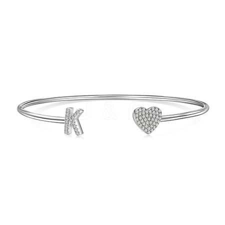 Anti-Tarnish Heart & Letter Rhodium Plated 925 Sterling Silver Micro Pave Cubic Zirconia Cuff Bangles for Women BJEW-C062-01K-P-1