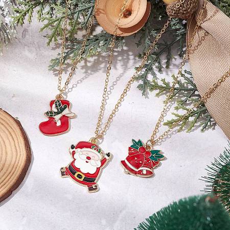 3Pcs 3 Styles Christmas Bell Socking Santa Claus Alloy Enamel Pendant Necklaces for Women NJEW-JN05130-01-1