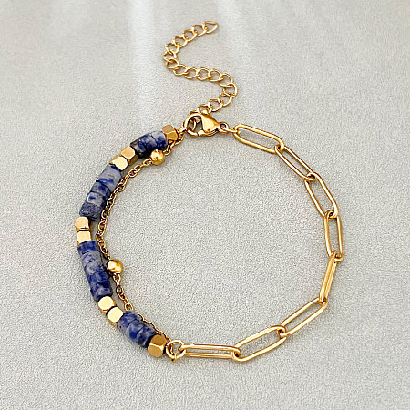 Bohemian Natural Blue Spot Jasper Heishi Beads Bracelets with 304 Stainless Steel Paperclip Chains WGD41F4-01-1