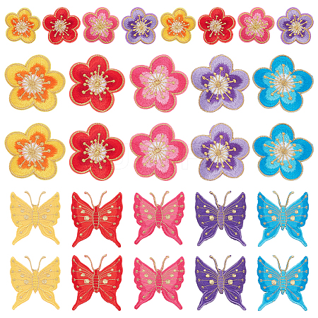  28Pcs 14 Style Plum Blossom & Butterfly Pattern Computerized Embroidered Cloth Patch DIY-NB0008-37-1