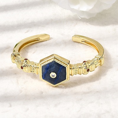 Hexagon Brass Pave Natural Gemstone & Cubic Zirconia Cuff Bangles for Women BJEW-Z172-01G-1