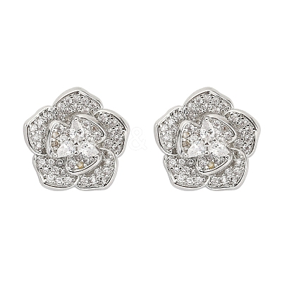 Flower Brass Micro Pave Clear Cubic Zirconia Stud Earrings EJEW-M082-19P-1