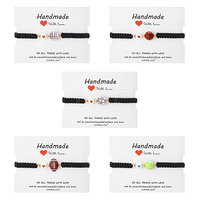 5Pcs 5 Styles Sport Theme Acylic & Alloy Braided Bead Bracelets BJEW-GO0001-12-1