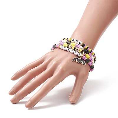 4Pcs 4 Style Polymer Clay Heishi Surfer Stretch Bracelets Set wtih Alloy Enamel Bat Charms BJEW-TA00253-1