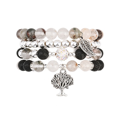4Pcs 4 Styles Natural Green Lodolite Quartz & Lava Rock Beaded Stretch Bracelet & Alloy Charms Bracelets Sets for Women BJEW-JB12489-1