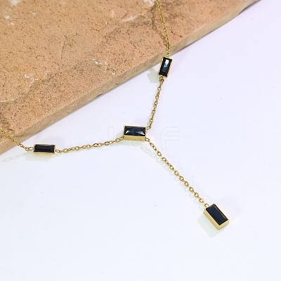 Stainless Steel & Black Rectangle Block Y-shaped Tassel Necklaces for Daily and Formal Wear UV0910-1