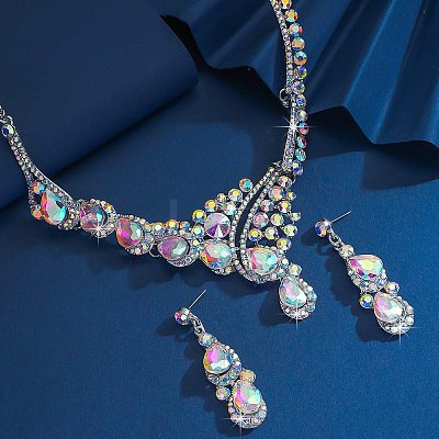 Teardrop Alloy Rhinestone Bib Necklaces & Stud Earring Sets for Women FS-WG2AA93-03-1