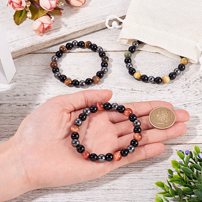 3Pcs 3 Styles 8MM Round Natural Tiger Eye & Black Onyx & Black Obsidian & Synthetic Non-Magnetic Hematite Beads Stretch Bracelets for Women Men BJEW-TA0001-20-1