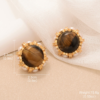 Alloy & Natural Tiger Eye & Plastic Pearl Stud Earrings FS-WGA185A-01-1