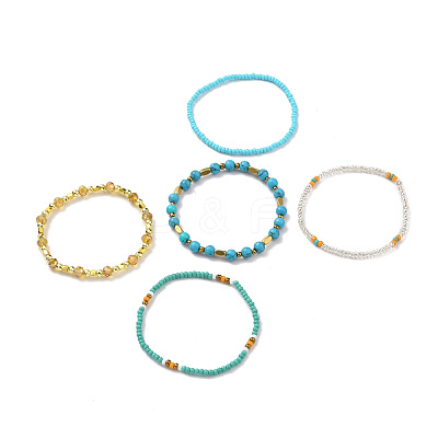 5Pcs 5 Style Synthetic Turquoise(Dyed) & Hematite & Glass Sead Beads Stretch Bracelets Set BJEW-JB07670-03-1