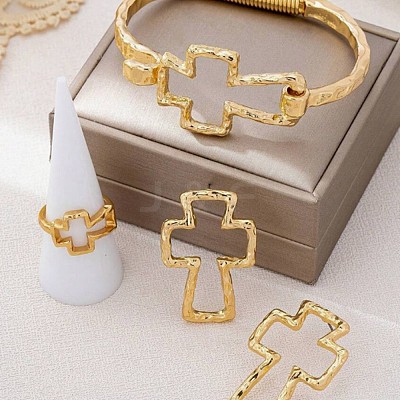 Iron Hammered Hollow Cross Hinge Bangles & Earrings & Rings Sets for Women WGA1E3C-01-1