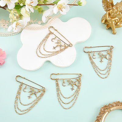 4Pcs Moon & Star Alloy Rhinestone Hanging Chain Brooch JEWB-FG0001-84A-1