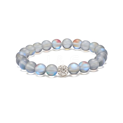 Synthetic Moonstone Round Beaded Stretch Bracelet with Rhinestone BJEW-JB07875-1