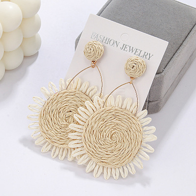 Flower Alloy & Raffia Dangle Stud Earrings FS-WGE45CE-03-1