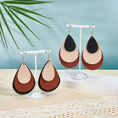 2 Pairs 2 Colors Bohemian PU Leather Teardrop Dangle Earrings EJEW-CL0001-04-1