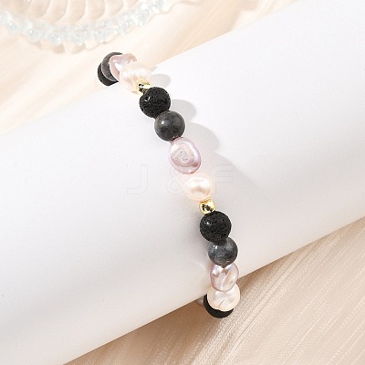 Natural Larvikite & Lava Rock Cultured Freshwater Pearl Beads Stretch Bracelets for Women BJEW-JB14084-1