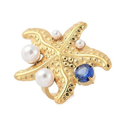 304 Stainless Steel Micro Pave Cubic Zirconia Plastic Pearl Cuff Rings RJEW-D310-02C-G-1