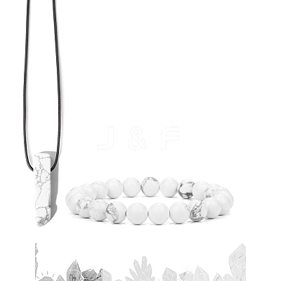 Natural Howlite Beads Stretch Bracelets & Pendant Necklaces Sets for Men PW-WGF85DB-07-1