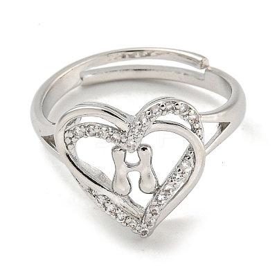 Heart with Letter Rack Plating Brass Micro Pave Clear Cubic Zirconia Adjustable Rings for Women RJEW-I105-01P-H-1